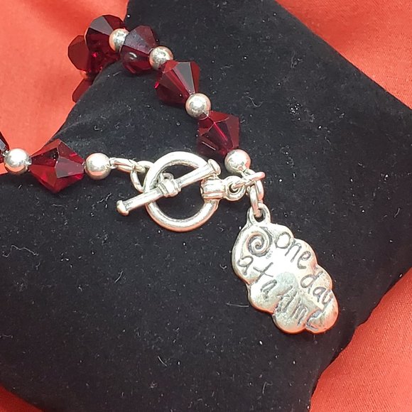 Genuine Swarovski Garnet Crystal Toggle Bracelet with One Day at Time Charm - Picture 5 of 9